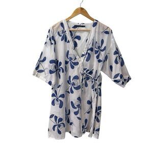 GUDRUN SJODEN Lagenlook Cotton Floral Wrap Kimono Tunic Top S/M